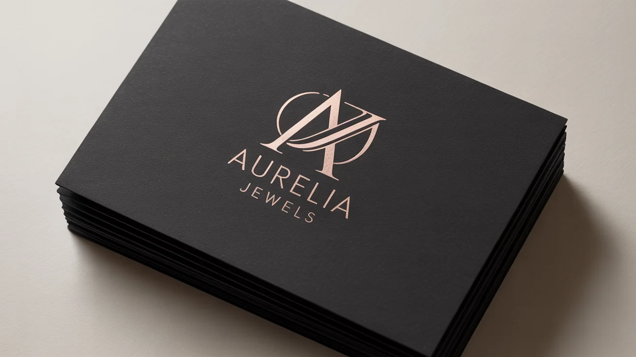 A sophisticated mockup of a jewelry logo for 'Aurelia Jewels', embossed in rose gold foil on a matte black card, set against a clean white background.