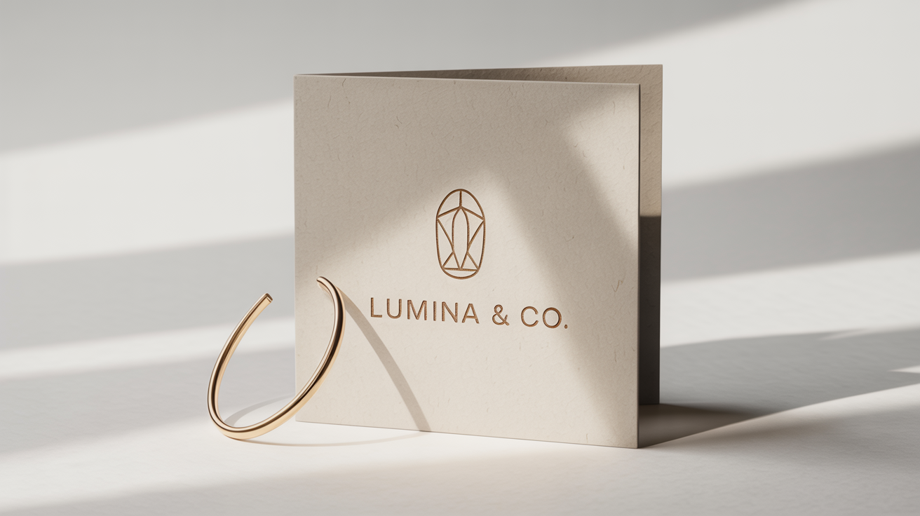A photorealistic mockup of a luxury jewelry logo for 'Lumina & Co.' elegantly stamped in gold foil on thick, textured card stock against a white background.