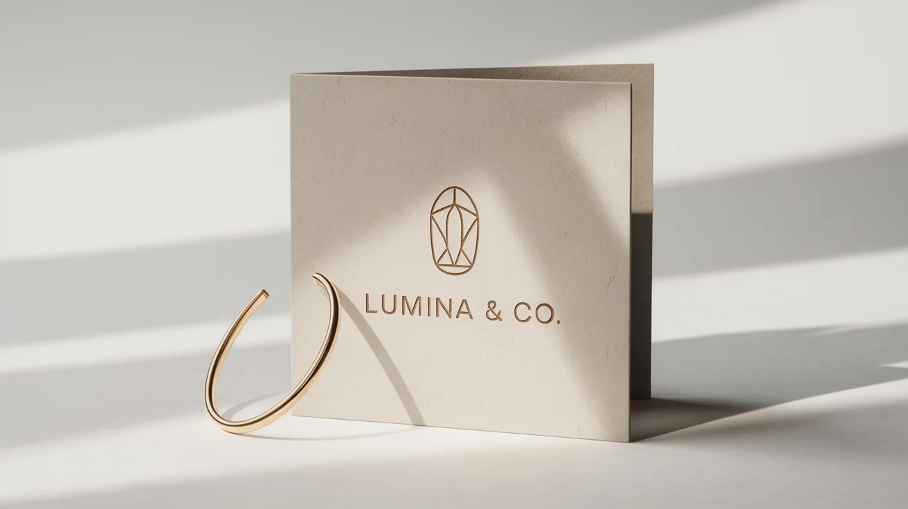 A photorealistic mockup of a luxury jewelry logo for 'Lumina & Co.' elegantly stamped in gold foil on thick, textured card stock against a white background.