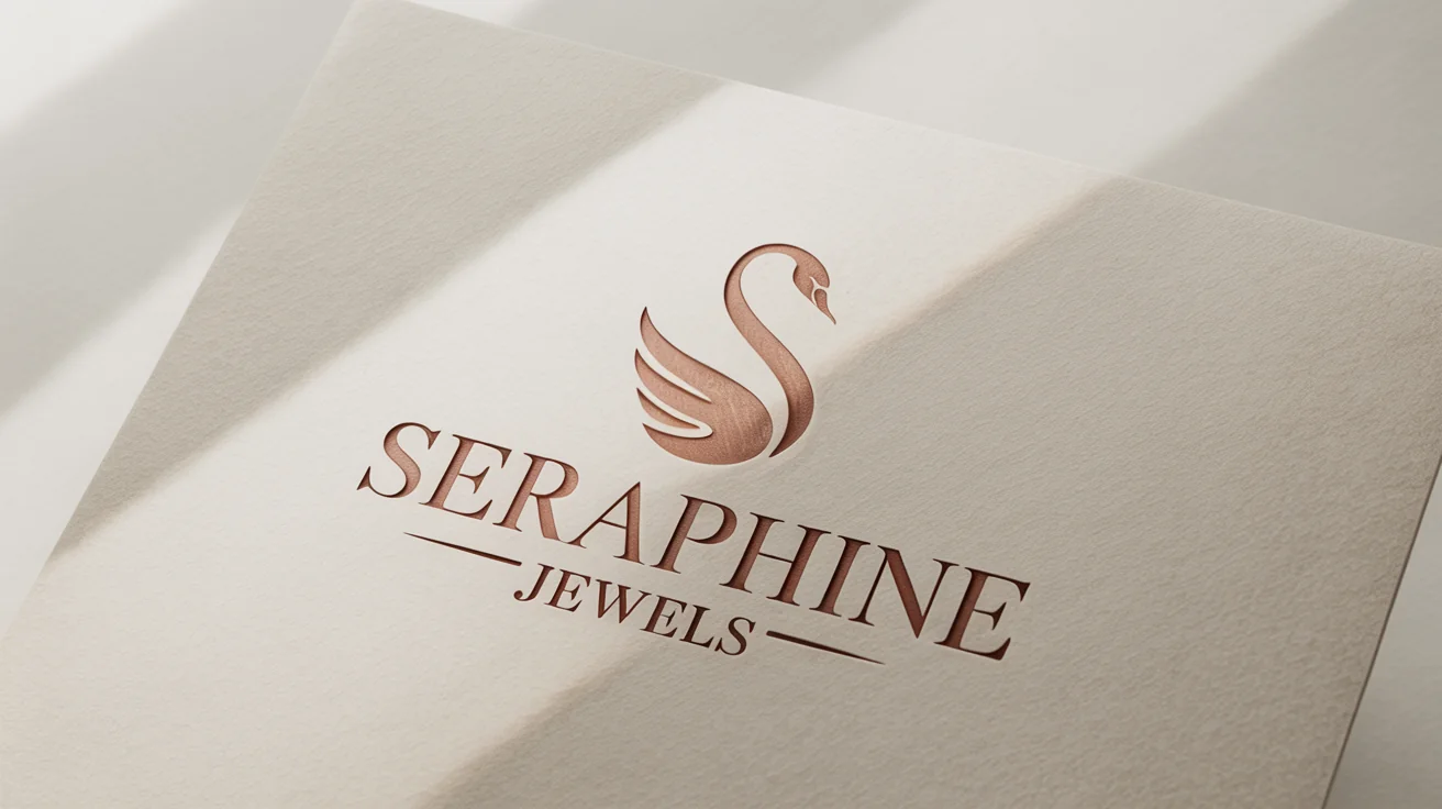 A mockup of a luxury jewelry logo for 'Seraphine Jewels', featuring a swan icon and text embossed in rose gold foil on textured white cardstock, set against a plain white background.