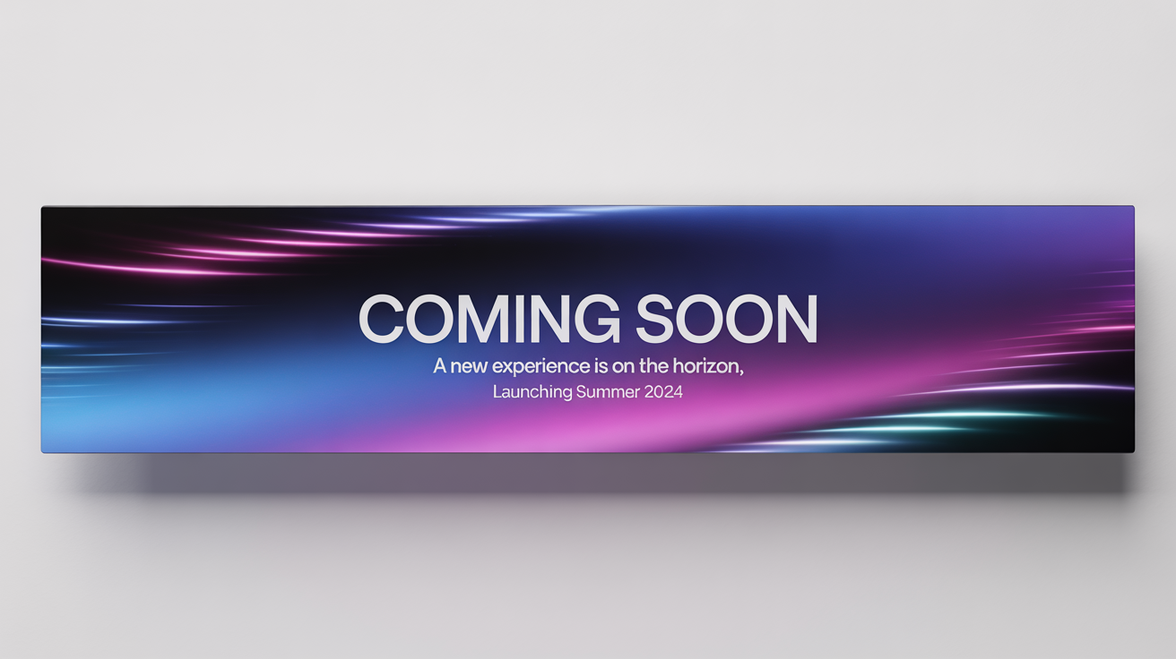 A professional mockup of a horizontal 'Coming Soon' banner on a white background. The banner features a blue and purple gradient with the text 'COMING SOON', 'A New Experience is on the Horizon', and 'Launching Summer 2024'.