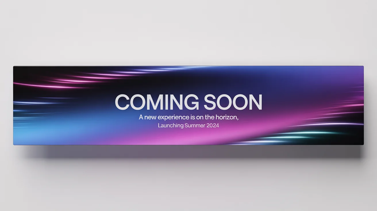 A professional mockup of a horizontal 'Coming Soon' banner on a white background. The banner features a blue and purple gradient with the text 'COMING SOON', 'A New Experience is on the Horizon', and 'Launching Summer 2024'.