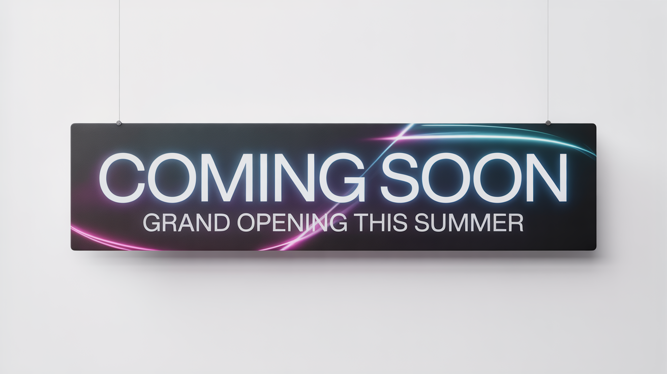 A modern 'Coming Soon' banner mockup with neon blue text on a dark background, announcing a grand opening for the summer, displayed against a white background.