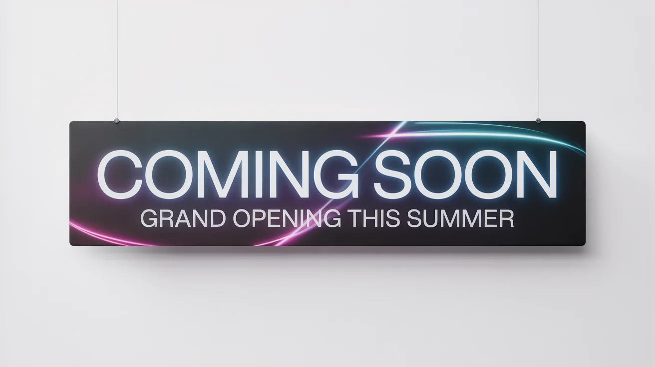 A modern 'Coming Soon' banner mockup with neon blue text on a dark background, announcing a grand opening for the summer, displayed against a white background.