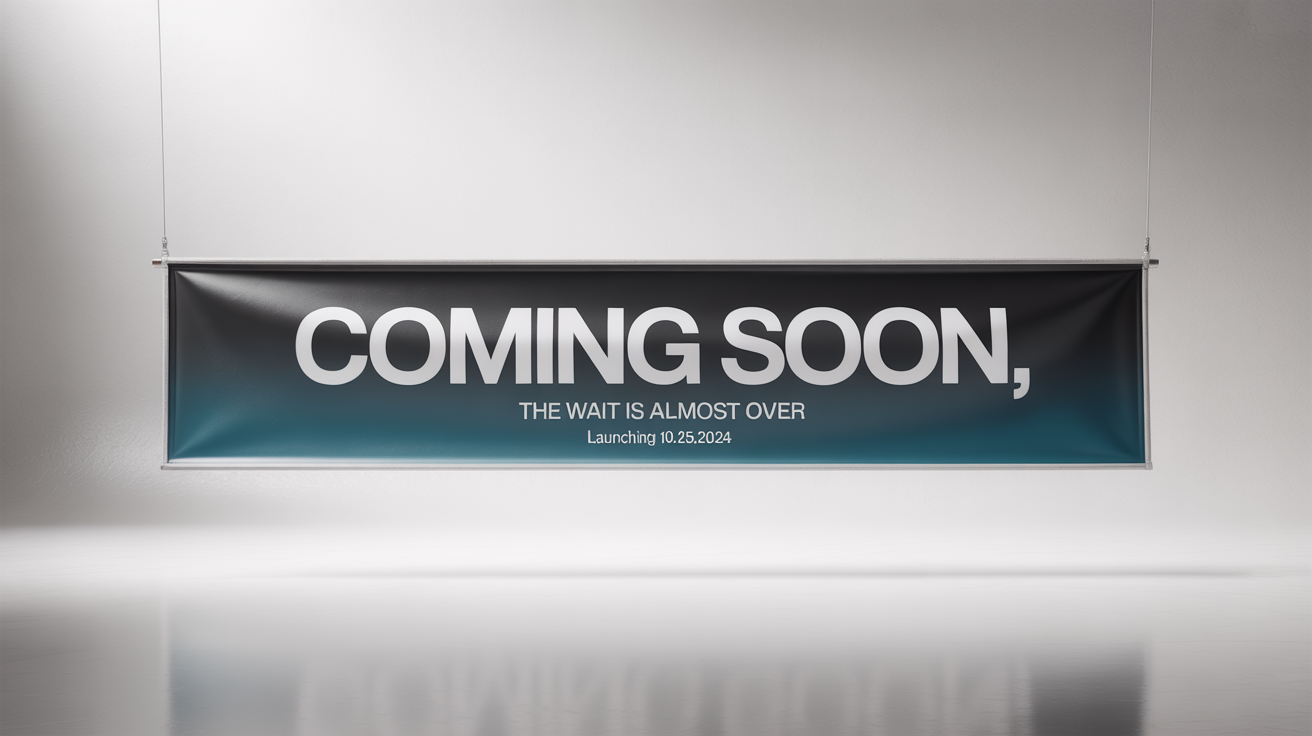 A mockup of a modern 'Coming Soon' banner with white and teal text on a charcoal gray background, set against a solid white surface.