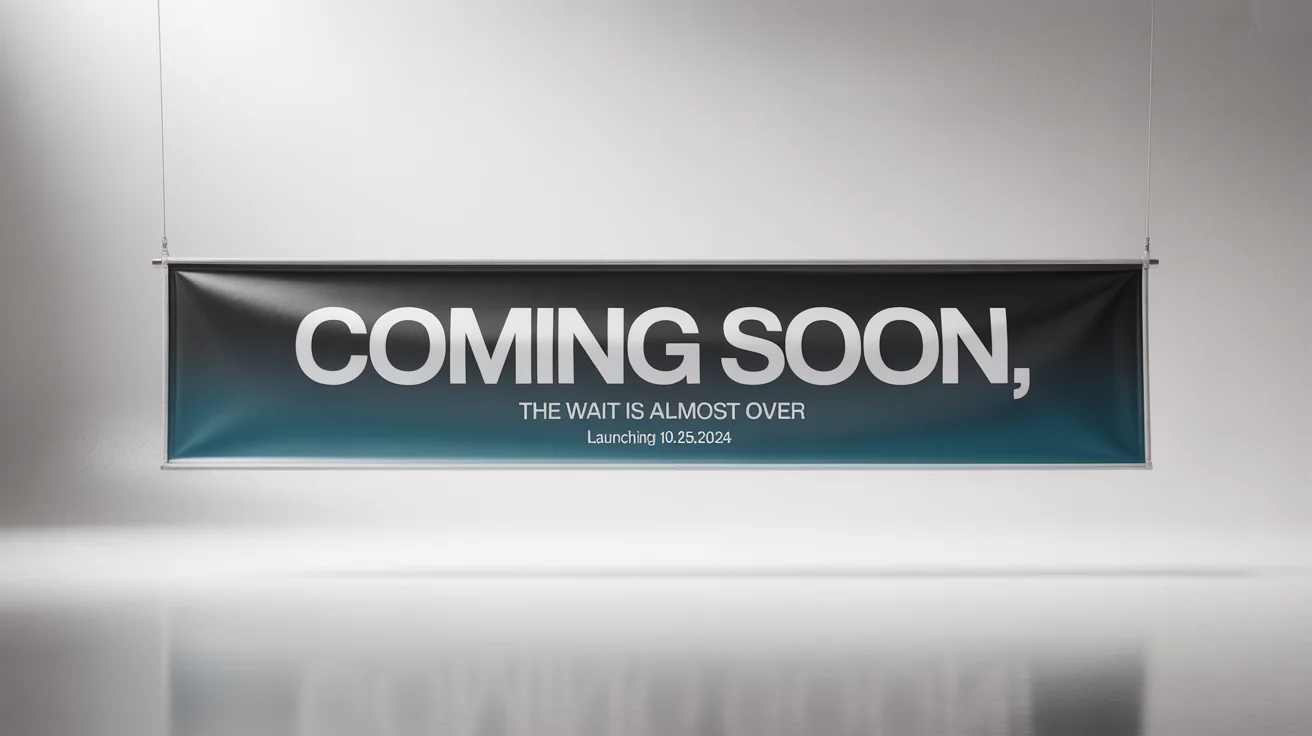 A mockup of a modern 'Coming Soon' banner with white and teal text on a charcoal gray background, set against a solid white surface.