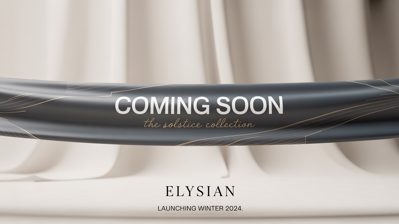 A mockup of a minimalist 'Coming Soon' banner for the 'Solstice Collection' by the brand 'ELYSIAN', announcing a Winter 2024 launch, set against a white background.