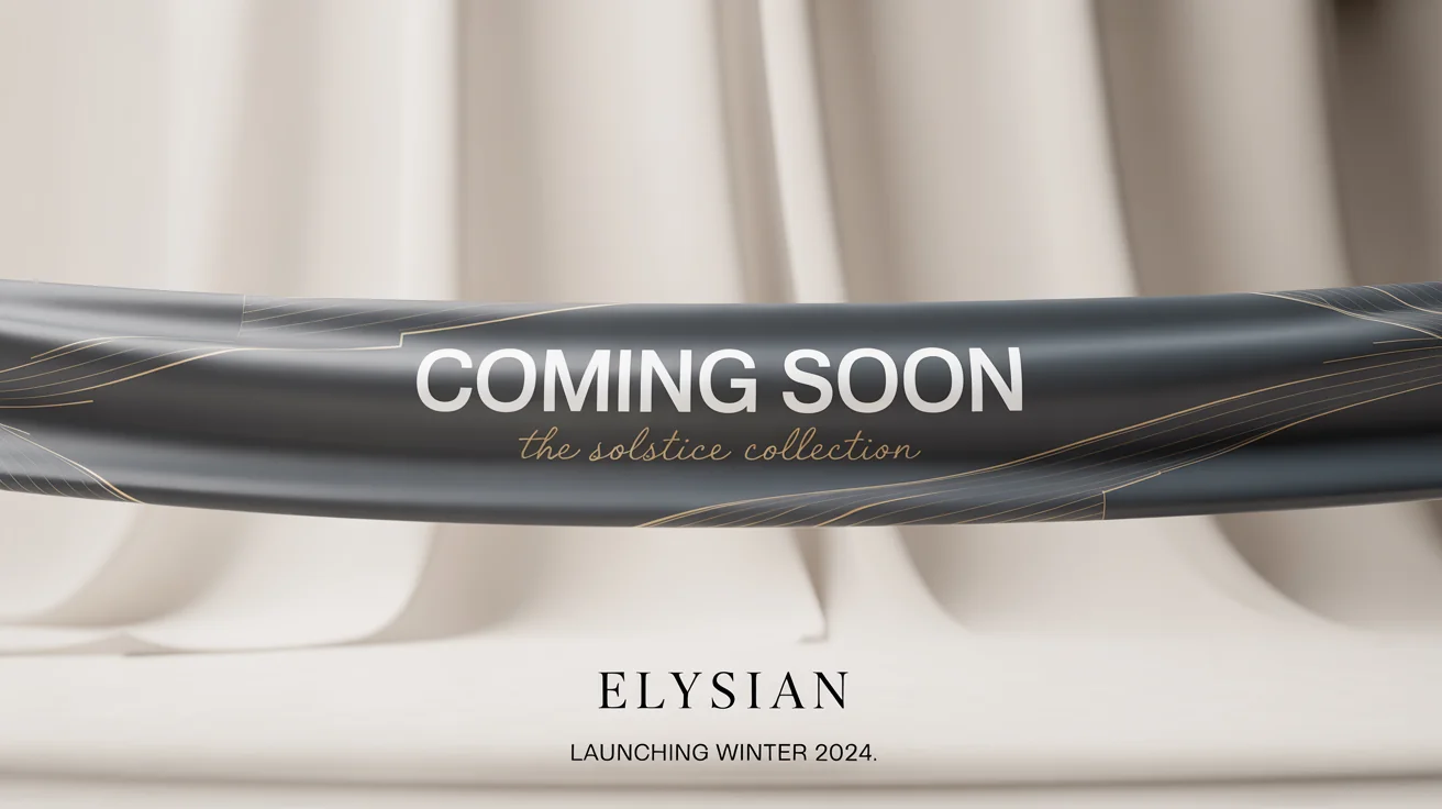 A mockup of a minimalist 'Coming Soon' banner for the 'Solstice Collection' by the brand 'ELYSIAN', announcing a Winter 2024 launch, set against a white background.