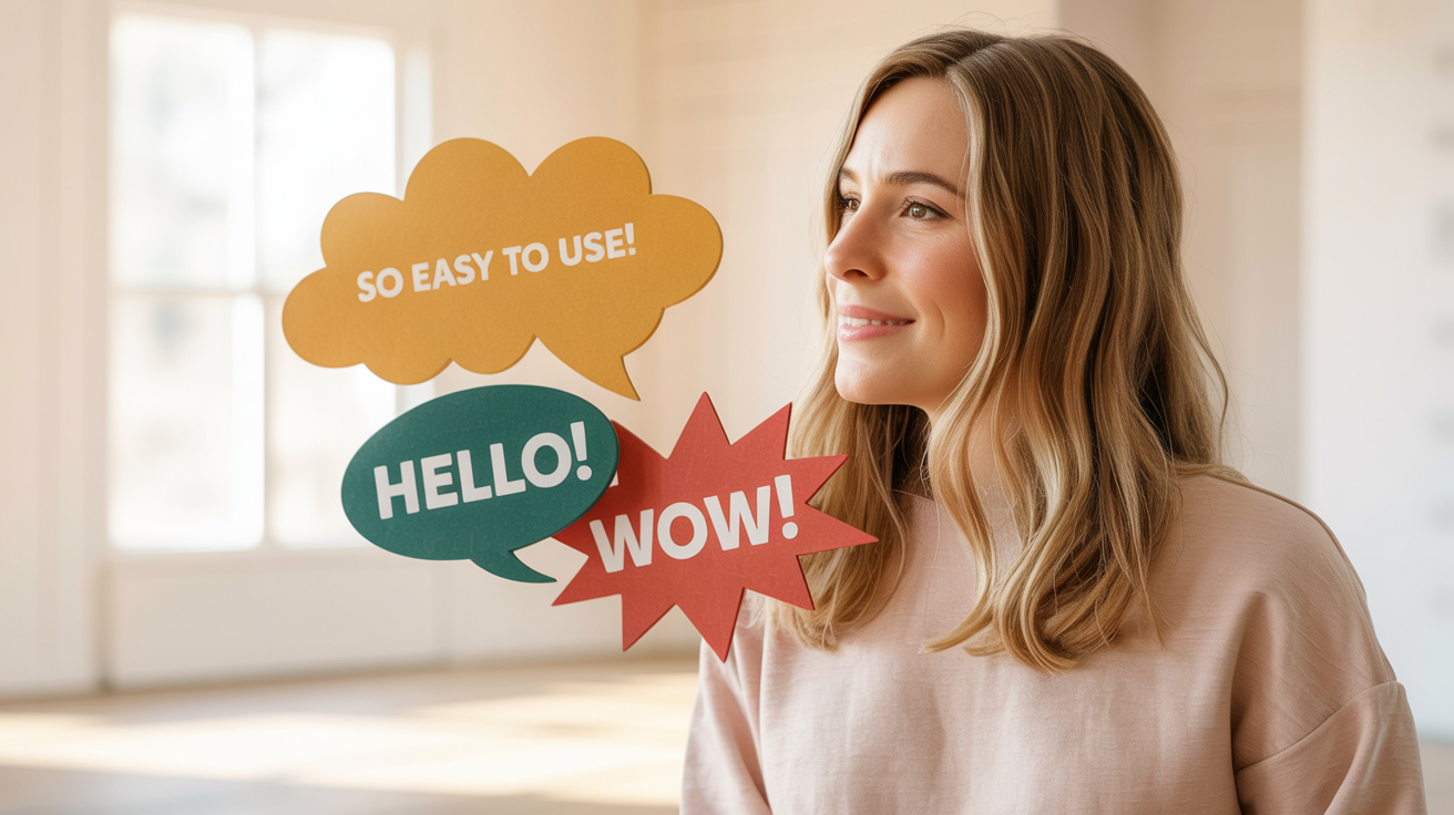 An eye-catching composition of colorful, custom-designed text bubbles with phrases like 'Hello!', 'Wow!', and 'So easy to use!', showcasing the polished final result of a design tool.