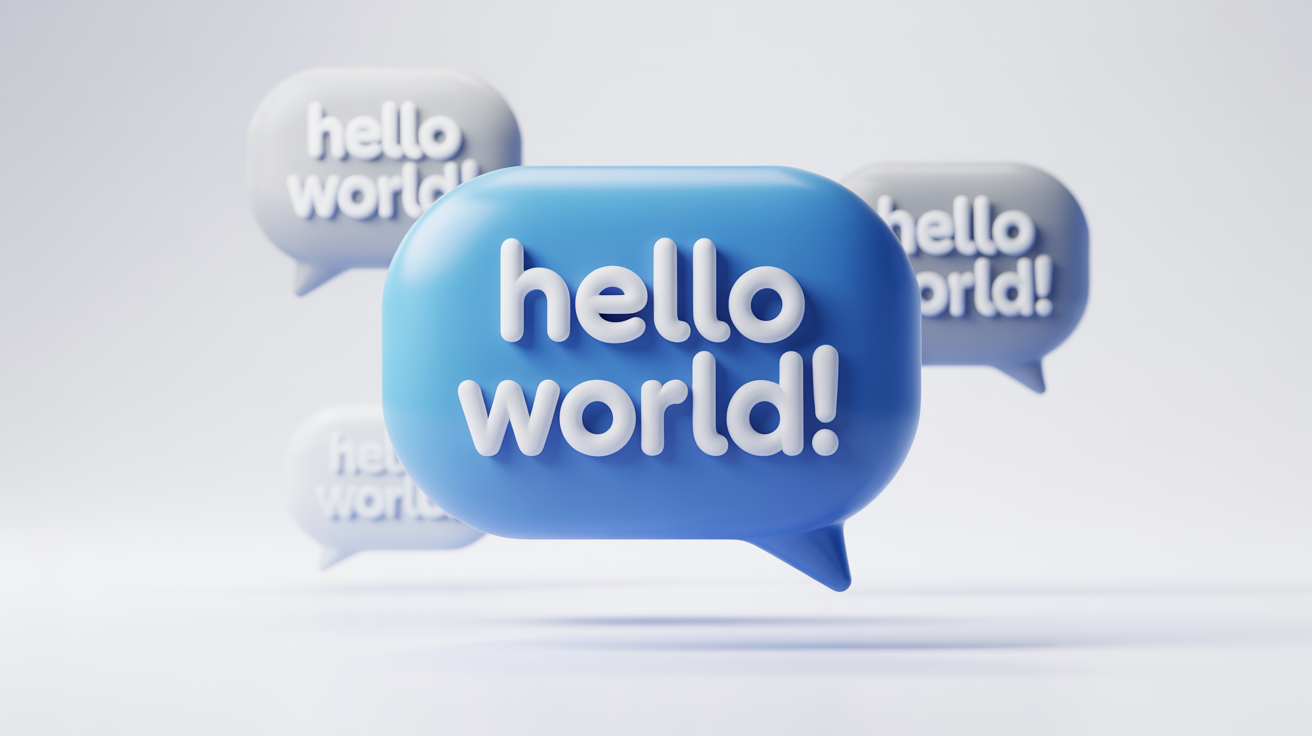 A 3D illustration of a large, light blue text bubble with the words 'Hello World!' inside, floating on a white background with two smaller white bubbles behind it.