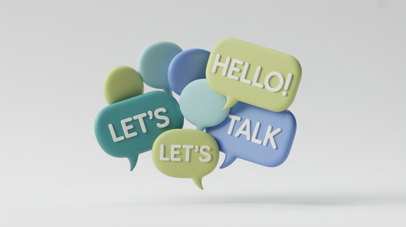 A minimalist 3D graphic of several colorful text bubbles floating against a white background, with simple text like 'Hello!' and 'Let's Talk' inside them.