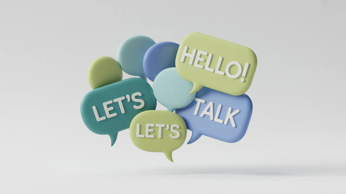 A minimalist 3D graphic of several colorful text bubbles floating against a white background, with simple text like 'Hello!' and 'Let's Talk' inside them.