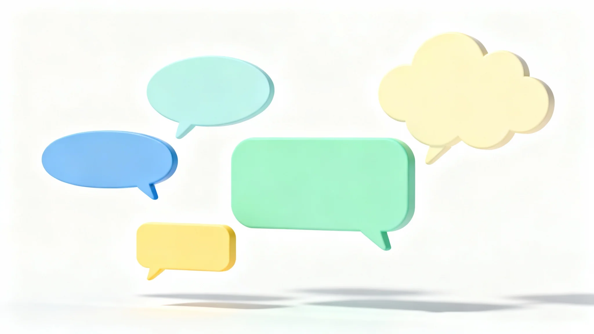 A collection of colorful, modern text bubbles in various shapes floating against a white background, representing communication and dialogue.