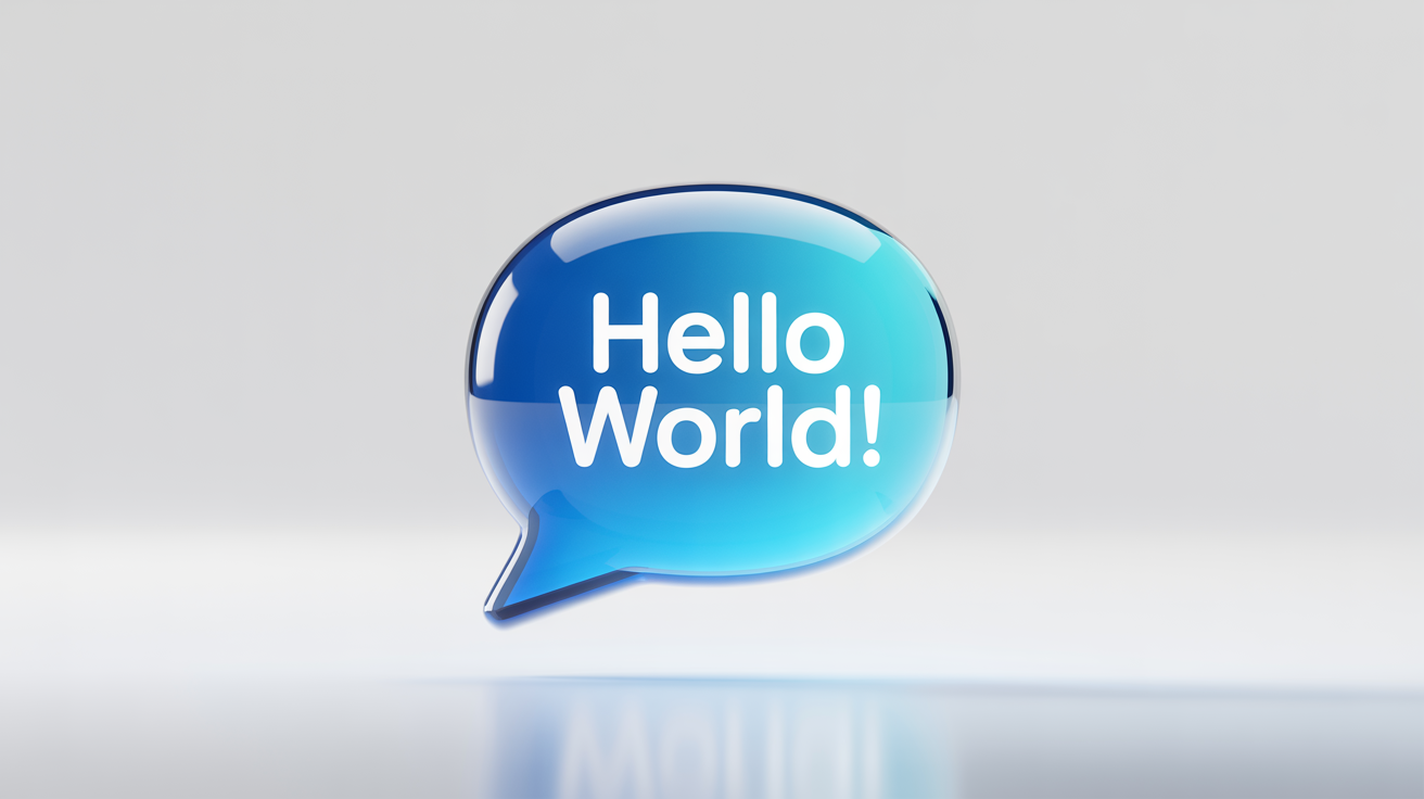A 3D rendering of a glossy blue speech bubble with the text 'Hello World!' inside, set against a plain white background.
