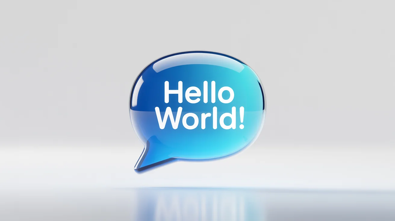 A 3D rendering of a glossy blue speech bubble with the text 'Hello World!' inside, set against a plain white background.
