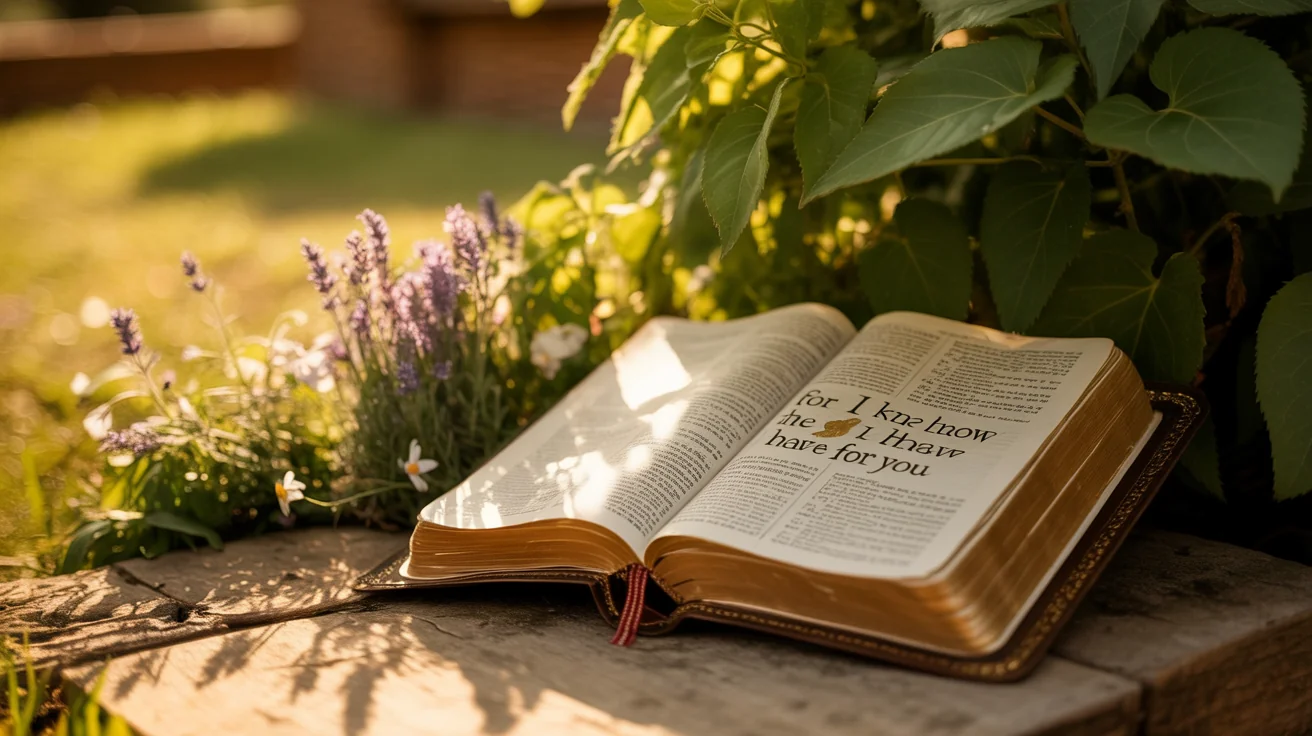 A beautiful piece of scripture art showing an open Bible in a sunlit garden with the text 'For I know the plans I have for you' elegantly written over the scene.