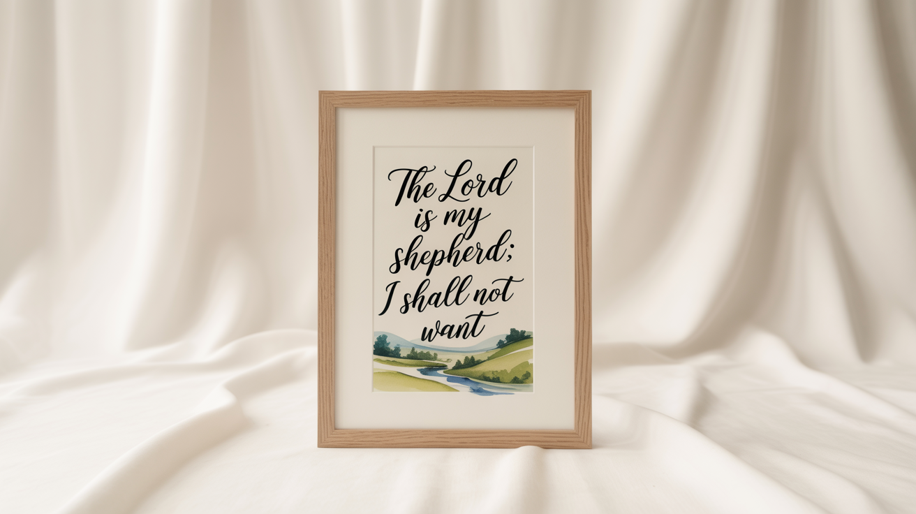 A modern, light oak framed piece of scripture art displaying the verse 'The Lord is my shepherd; I shall not want' in elegant calligraphy, adorned with soft watercolor hills and a stream, set against a plain white background.