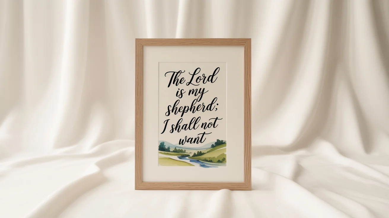 A modern, light oak framed piece of scripture art displaying the verse 'The Lord is my shepherd; I shall not want' in elegant calligraphy, adorned with soft watercolor hills and a stream, set against a plain white background.