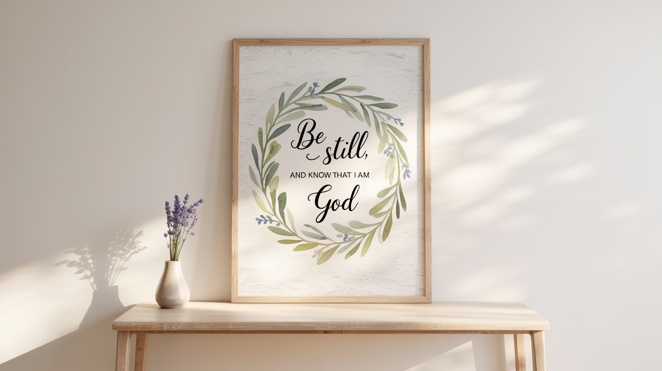 A framed piece of scripture art resting on a wooden surface against a white background. The art displays the quote 'Be still, and know that I am God' inside a watercolor wreath of olive branches.