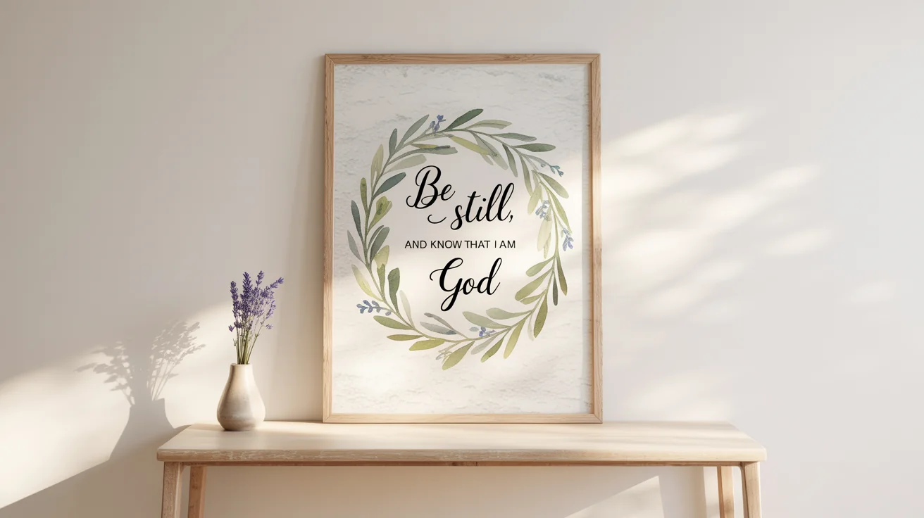 A framed piece of scripture art resting on a wooden surface against a white background. The art displays the quote 'Be still, and know that I am God' inside a watercolor wreath of olive branches.