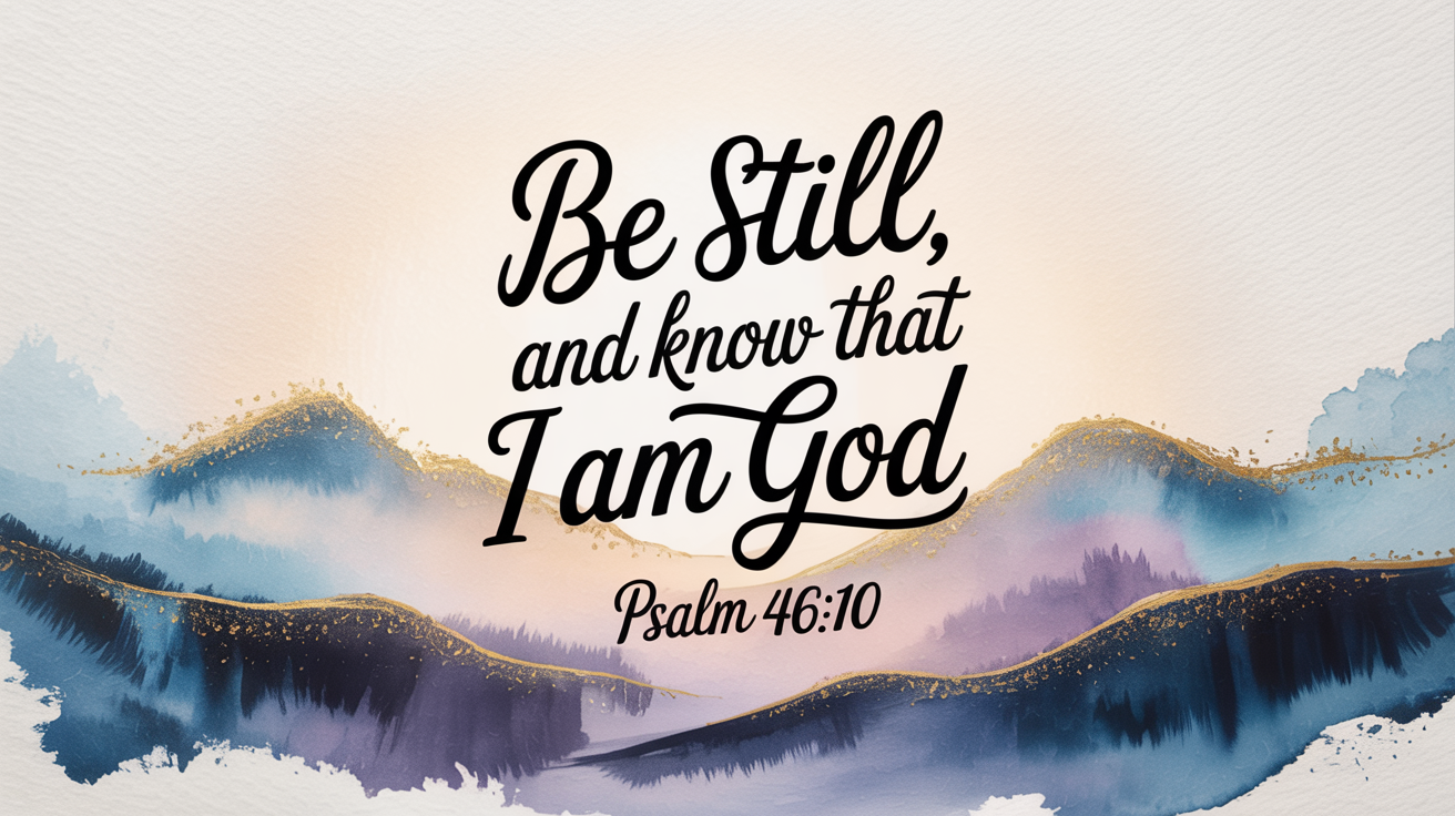 A mockup of a scripture art print on a white background. The print features the verse 'Be still, and know that I am God' in elegant calligraphy, with a watercolor painting of a serene mountain range.