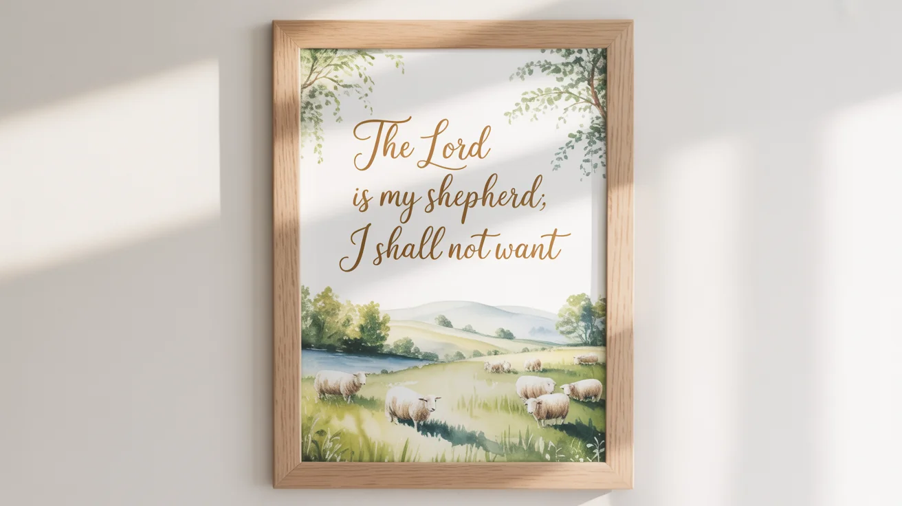 A framed scripture art print with the quote 'The LORD is my shepherd; I shall not want.' in elegant calligraphy, surrounded by a watercolor of a serene green pasture with sheep.