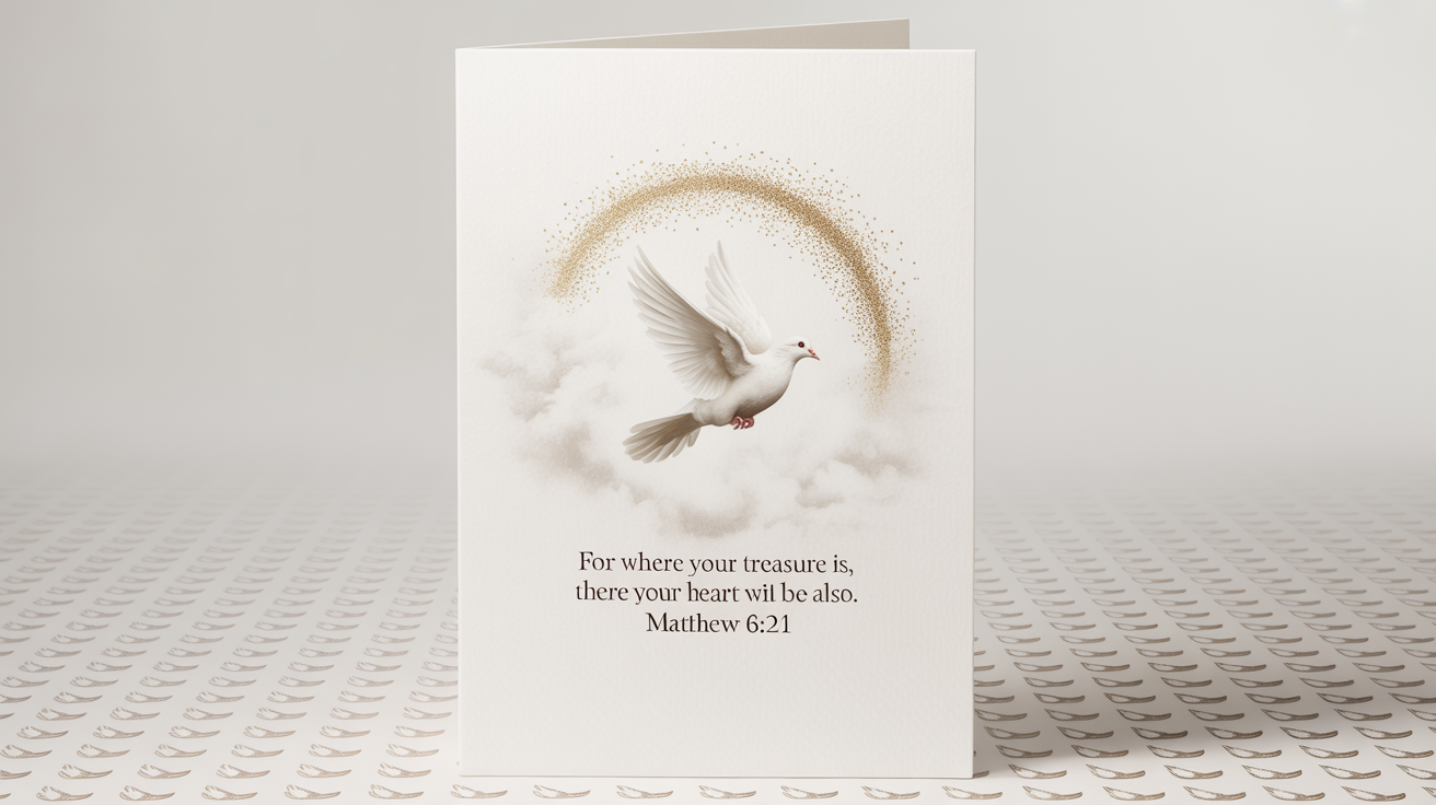 A modern piece of scripture art showing a white dove with a golden halo above it. Below the dove, the text reads 'For where your treasure is, there your heart will be also. Matthew 6:21' on a clean white background.