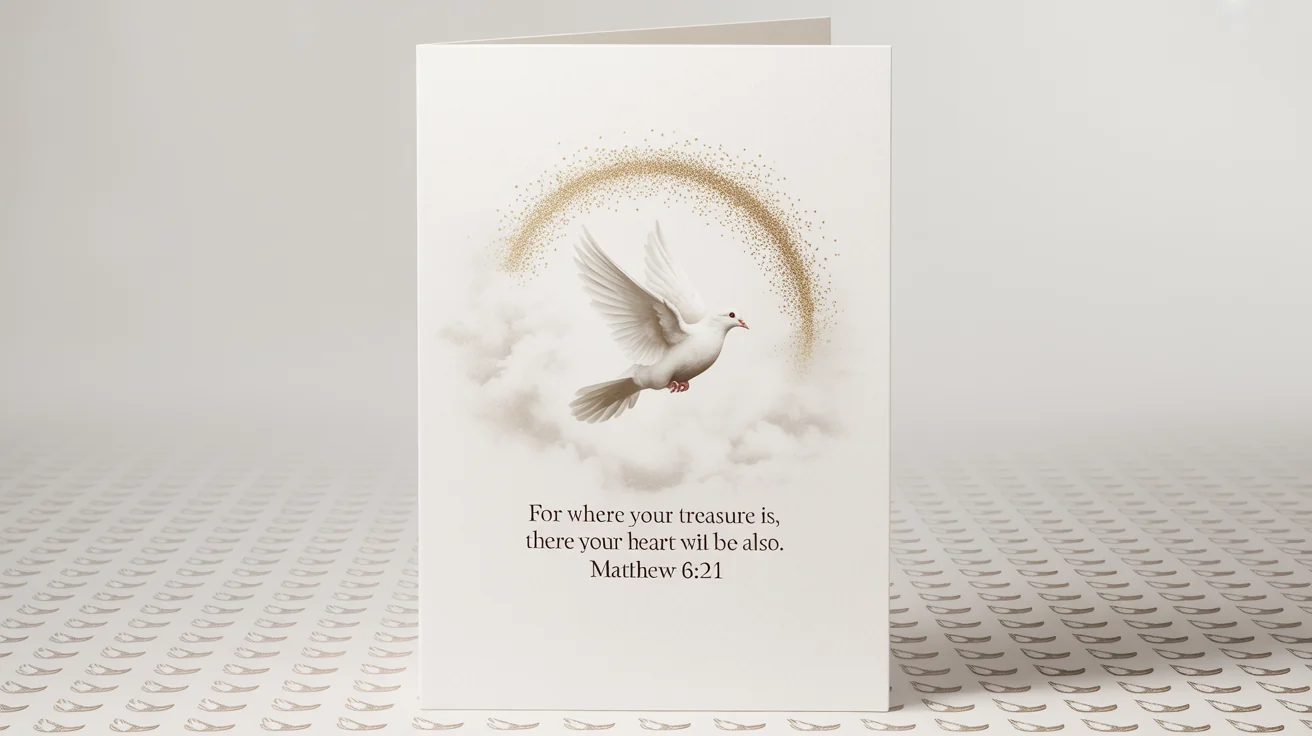 A modern piece of scripture art showing a white dove with a golden halo above it. Below the dove, the text reads 'For where your treasure is, there your heart will be also. Matthew 6:21' on a clean white background.