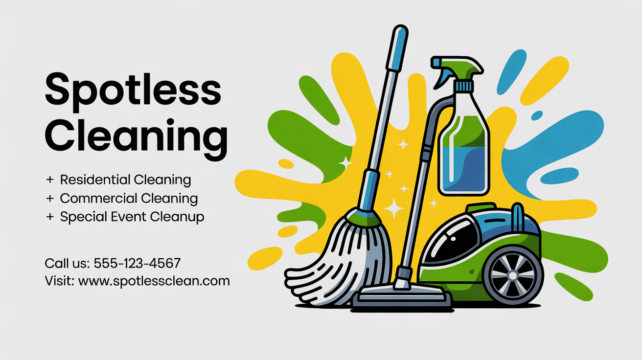 A professionally designed marketing banner for 'Spotless Cleaning' services, featuring a bright yellow background, colorful illustrations of cleaning tools, and contact information. The final design is polished and eye-catching.