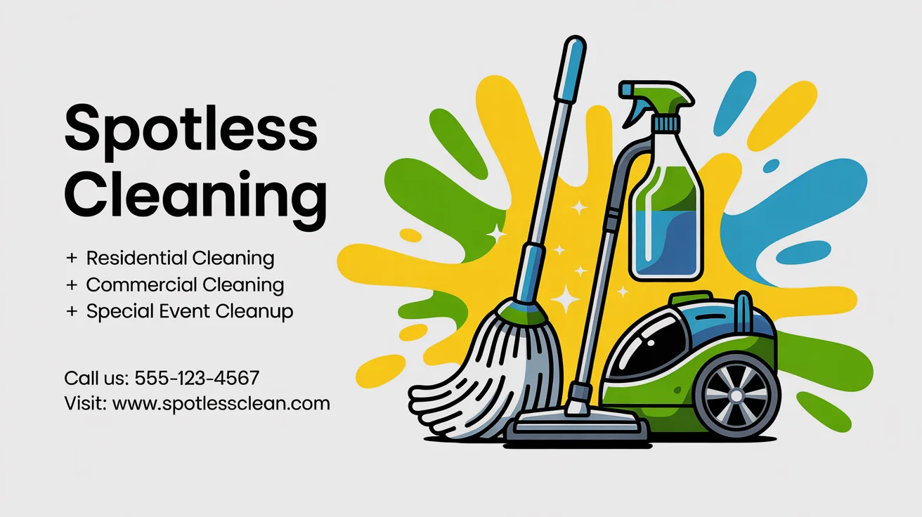 A professionally designed marketing banner for 'Spotless Cleaning' services, featuring a bright yellow background, colorful illustrations of cleaning tools, and contact information. The final design is polished and eye-catching.