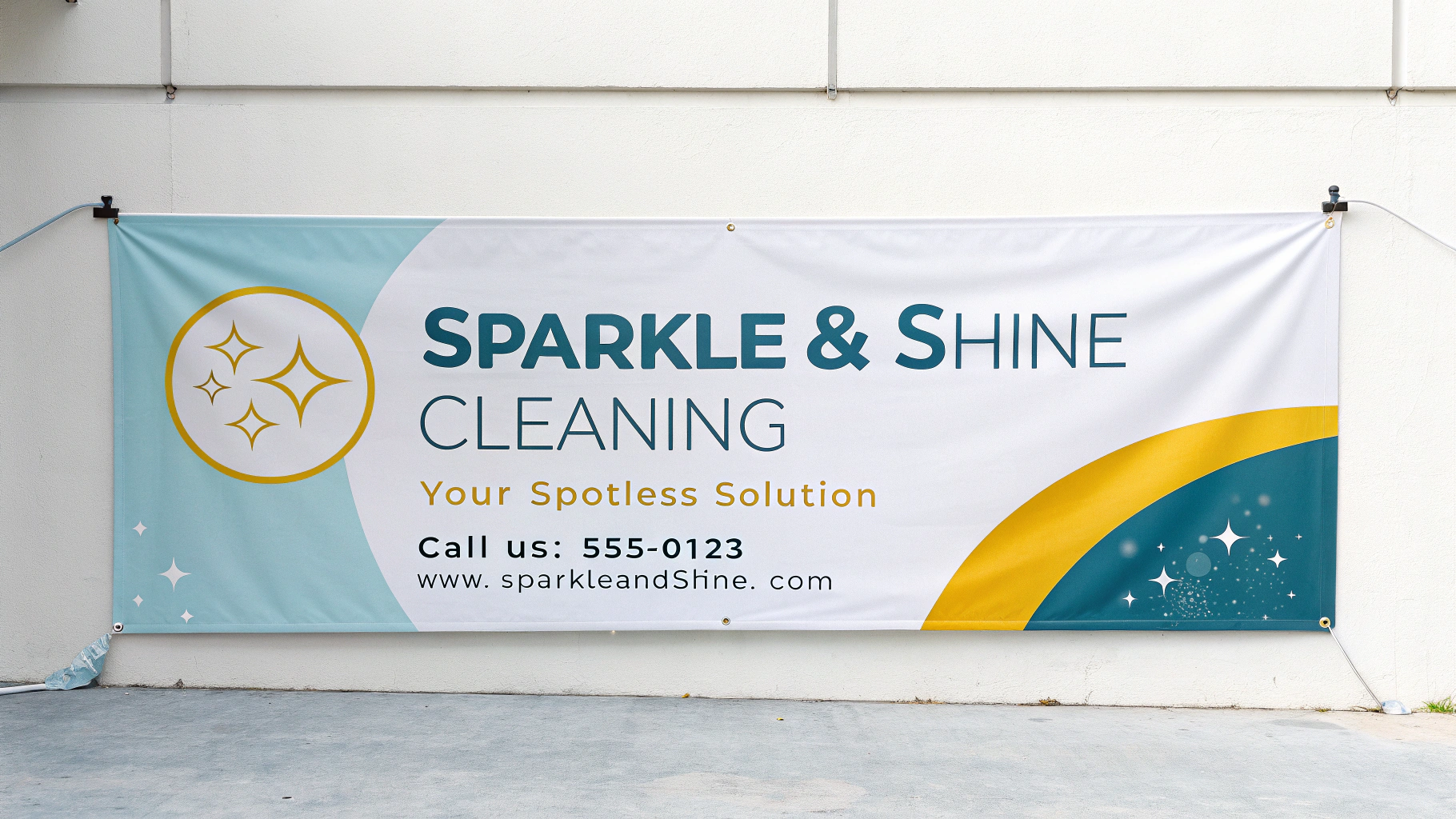 A professionally designed banner for 'Sparkle & Shine Cleaning' services, featuring a blue and white color scheme, a sparkling star logo, and contact information, set against a clean white background.