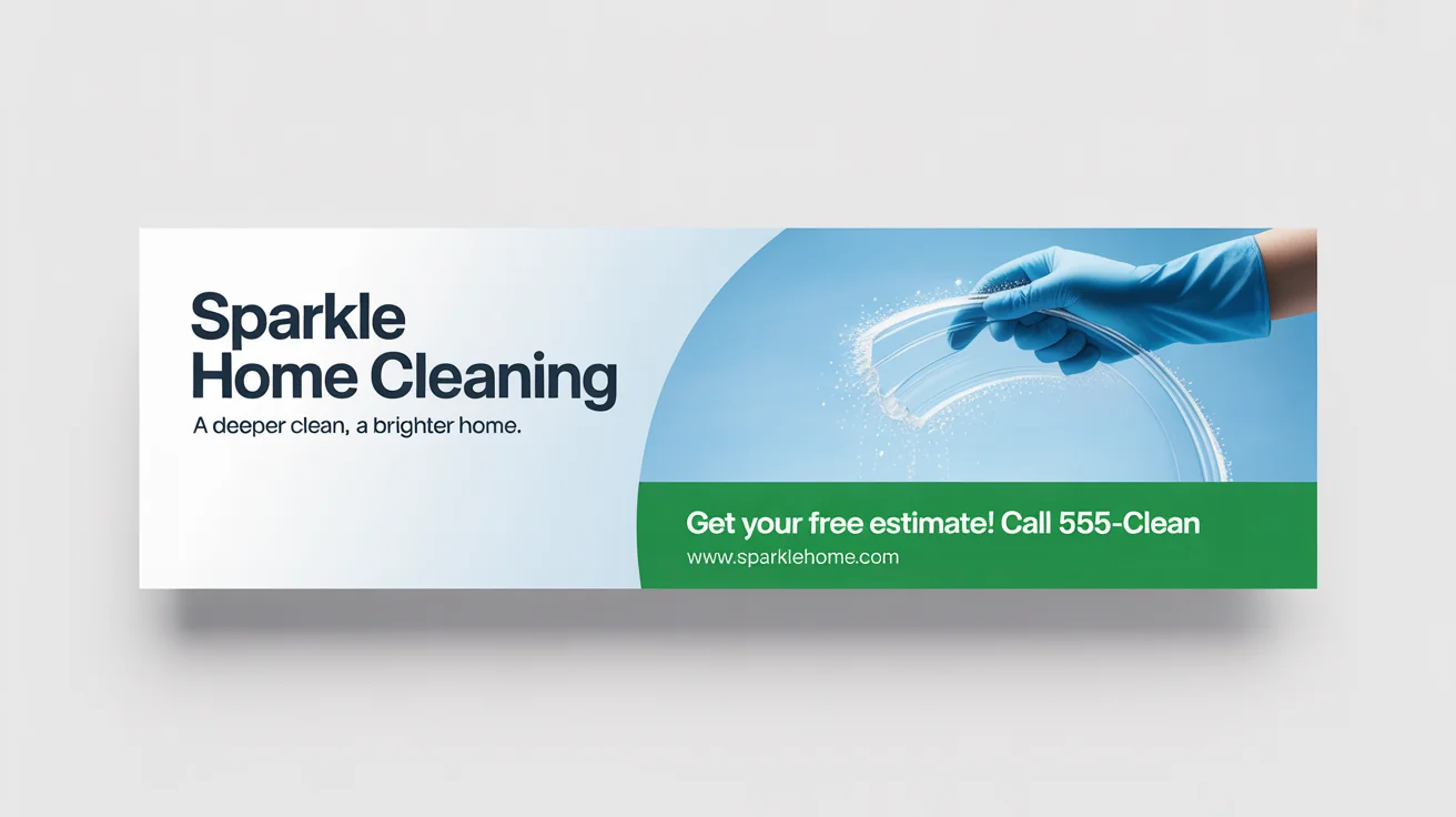A professional banner mockup for 'Sparkle Home Cleaning' service, showing a hand wiping a surface to a sparkle, with contact information and slogan 'A Deeper Clean, A Brighter Home'.