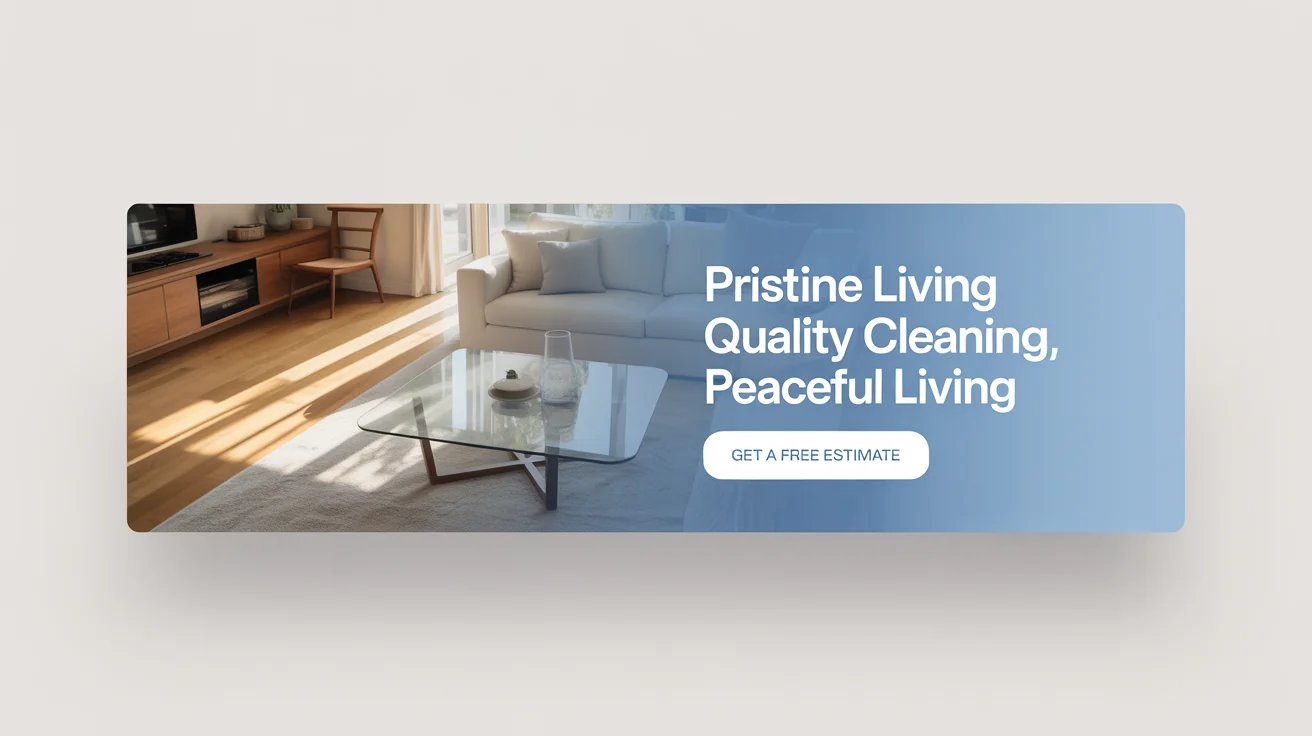 A professional banner mockup for a cleaning service named 'Pristine Living', featuring a clean living room and the slogan 'Quality Cleaning, Peaceful Living'.