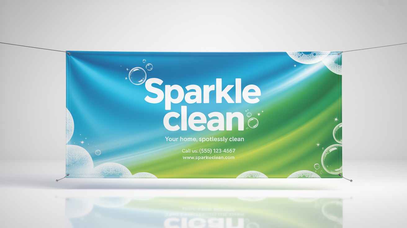 A professional banner mockup for a cleaning service named 'Sparkle Clean', featuring a blue and green design, contact information, and sparkling graphics against a clean white background.