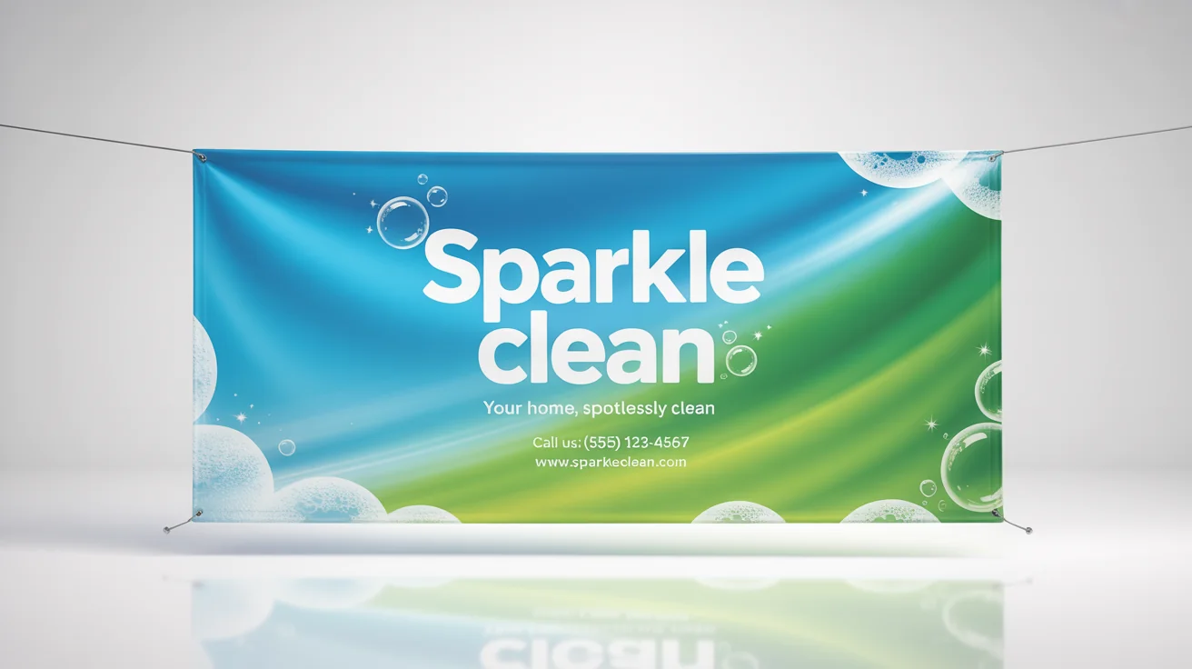A professional banner mockup for a cleaning service named 'Sparkle Clean', featuring a blue and green design, contact information, and sparkling graphics against a clean white background.