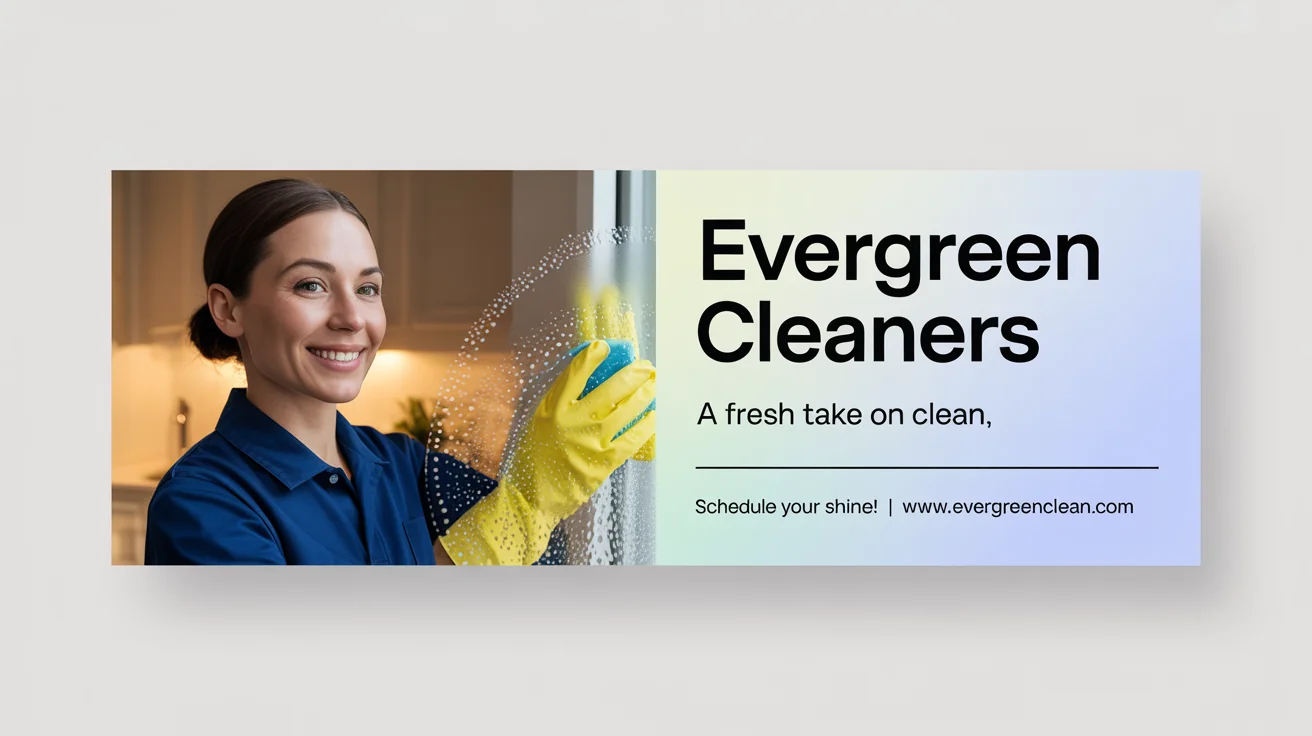 A professional banner mockup for a cleaning service called 'Evergreen Cleaners'. The banner features a smiling cleaning professional and text that reads 'Evergreen Cleaners', 'A Fresh Take on Clean', and a website address for scheduling.