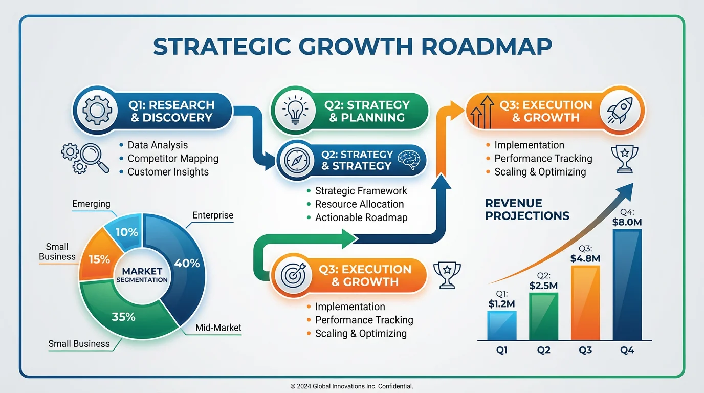A professionally designed business strategy infographic showing a central flowchart, surrounded by pie charts and bar graphs, representing a polished final output from a design template.