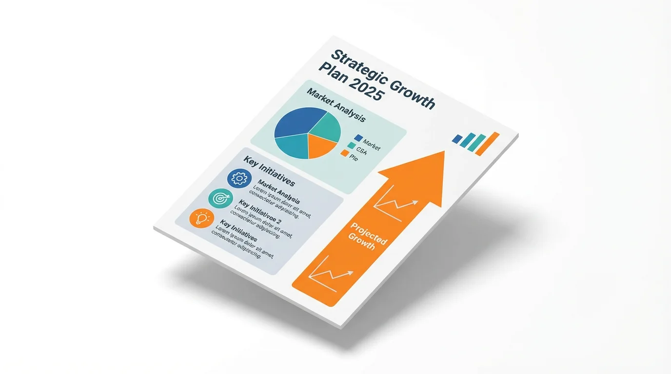 A modern mockup of a business strategy infographic with a clean, corporate design. The infographic uses a blue, teal, and orange color scheme and features charts, icons, and the title 'Strategic Growth Plan 2025', all set against a plain white background.