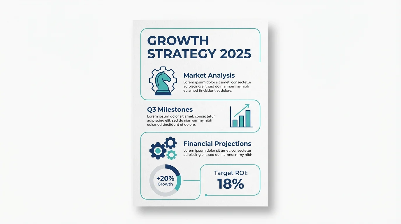 A modern business strategy infographic mockup, featuring icons for strategy and growth, charts, and section titles like 'Growth Strategy 2025'. The design uses a blue, gray, and teal color palette and is shown against a plain white background.