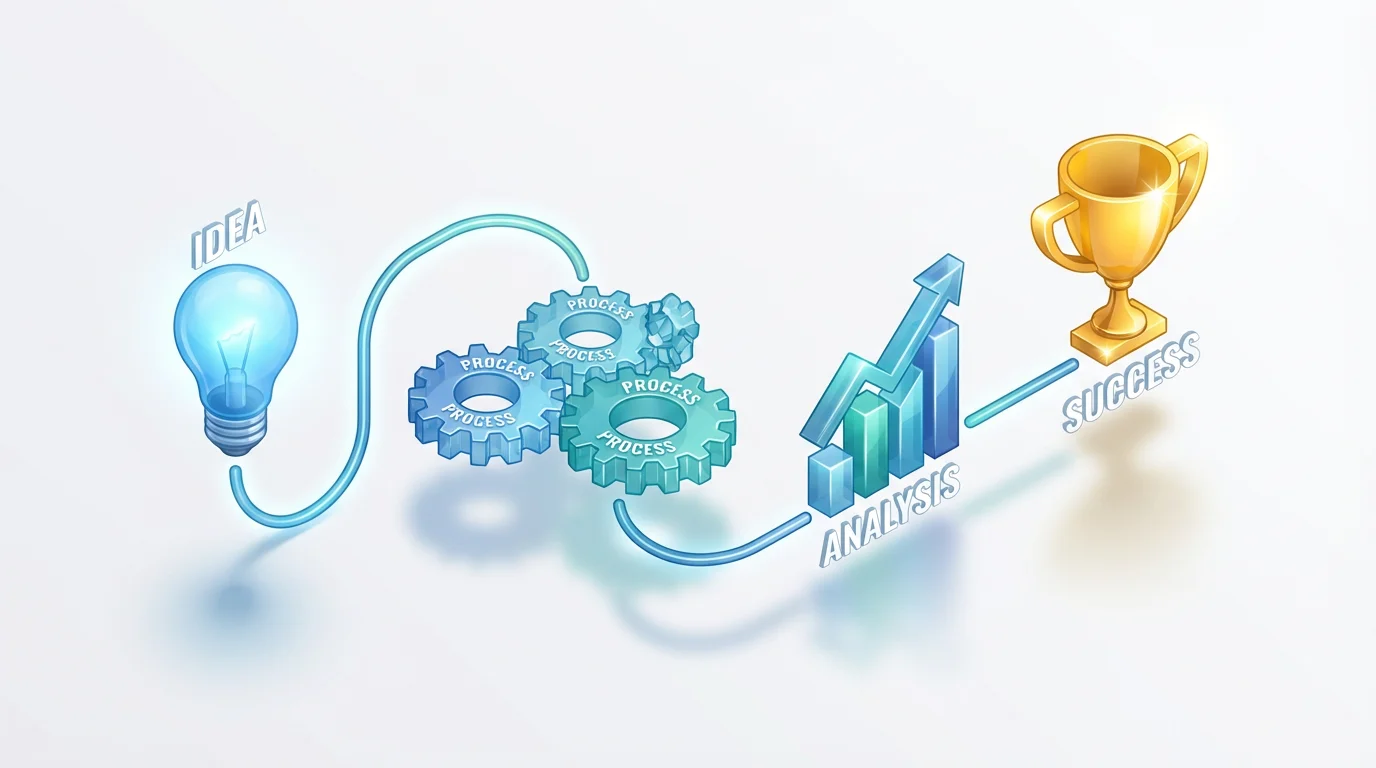 A 3D infographic mockup illustrating a business strategy process with icons for idea, process, analysis, and success, all displayed on a clean white background.
