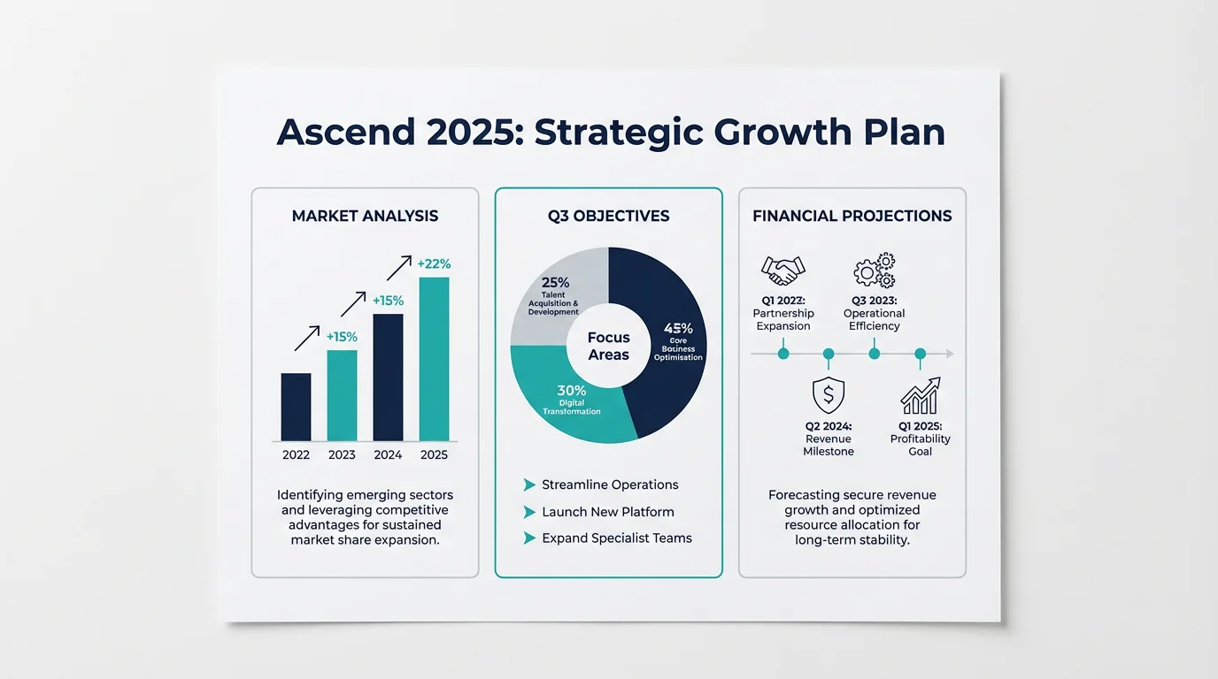 A mockup of a business strategy infographic titled 'Ascend 2025: Strategic Growth Plan' on a white background, featuring charts, graphs, and a timeline in a blue, gray, and teal color scheme.