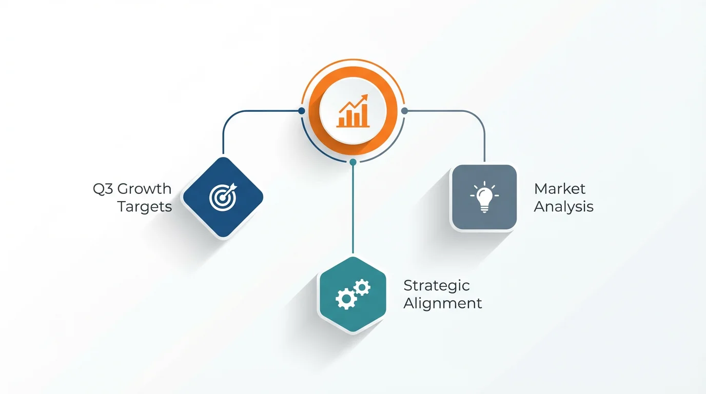 A modern infographic illustrating a business strategy. A central orange circle with a growth chart icon is connected by lines to other nodes representing goals, processes, and ideas, all on a clean white background.