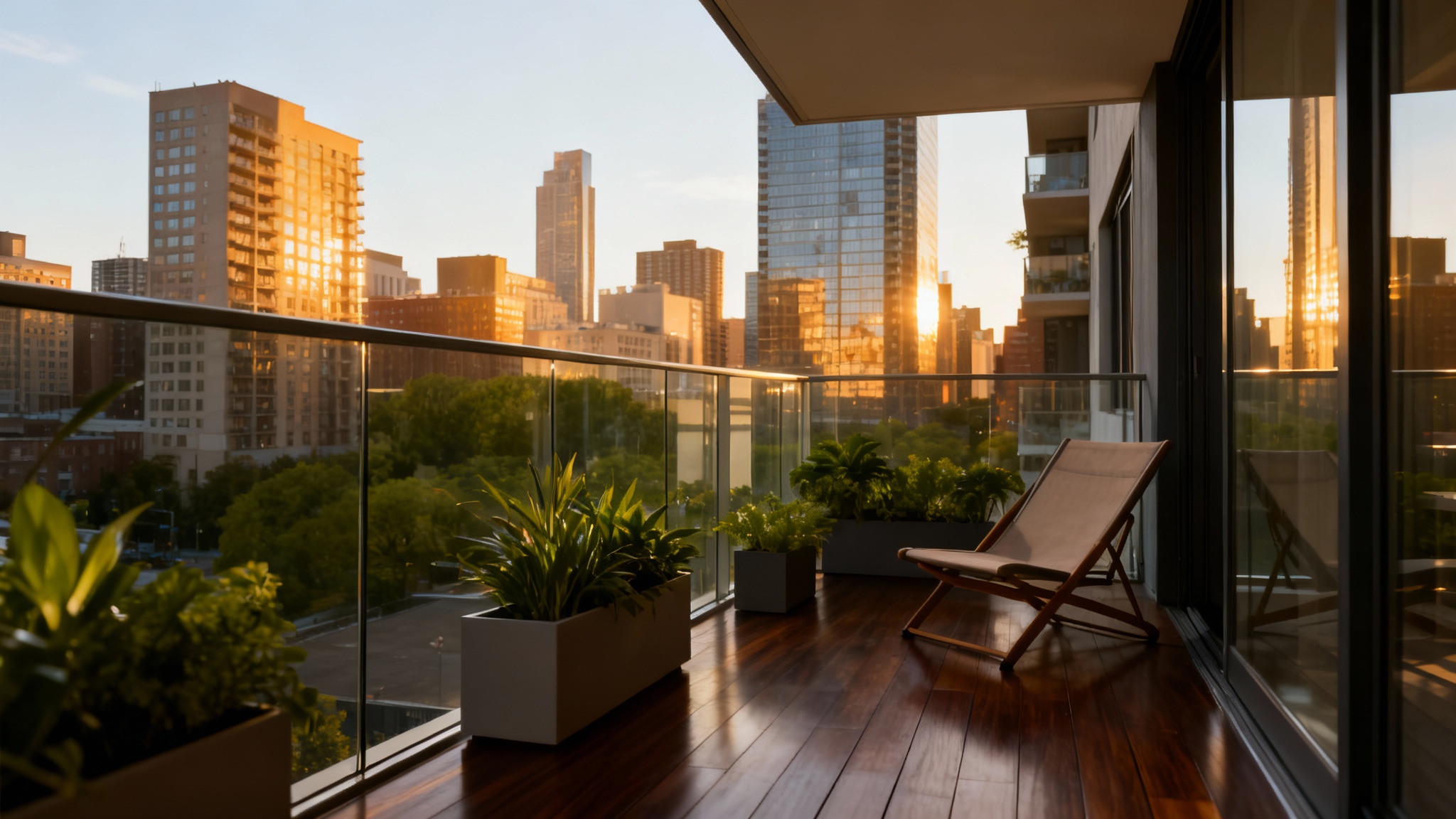 A photograph of a modern luxury balcony with a seamless glass railing, providing a clear view of a city skyline at sunset. A lounge chair and plants decorate the balcony.