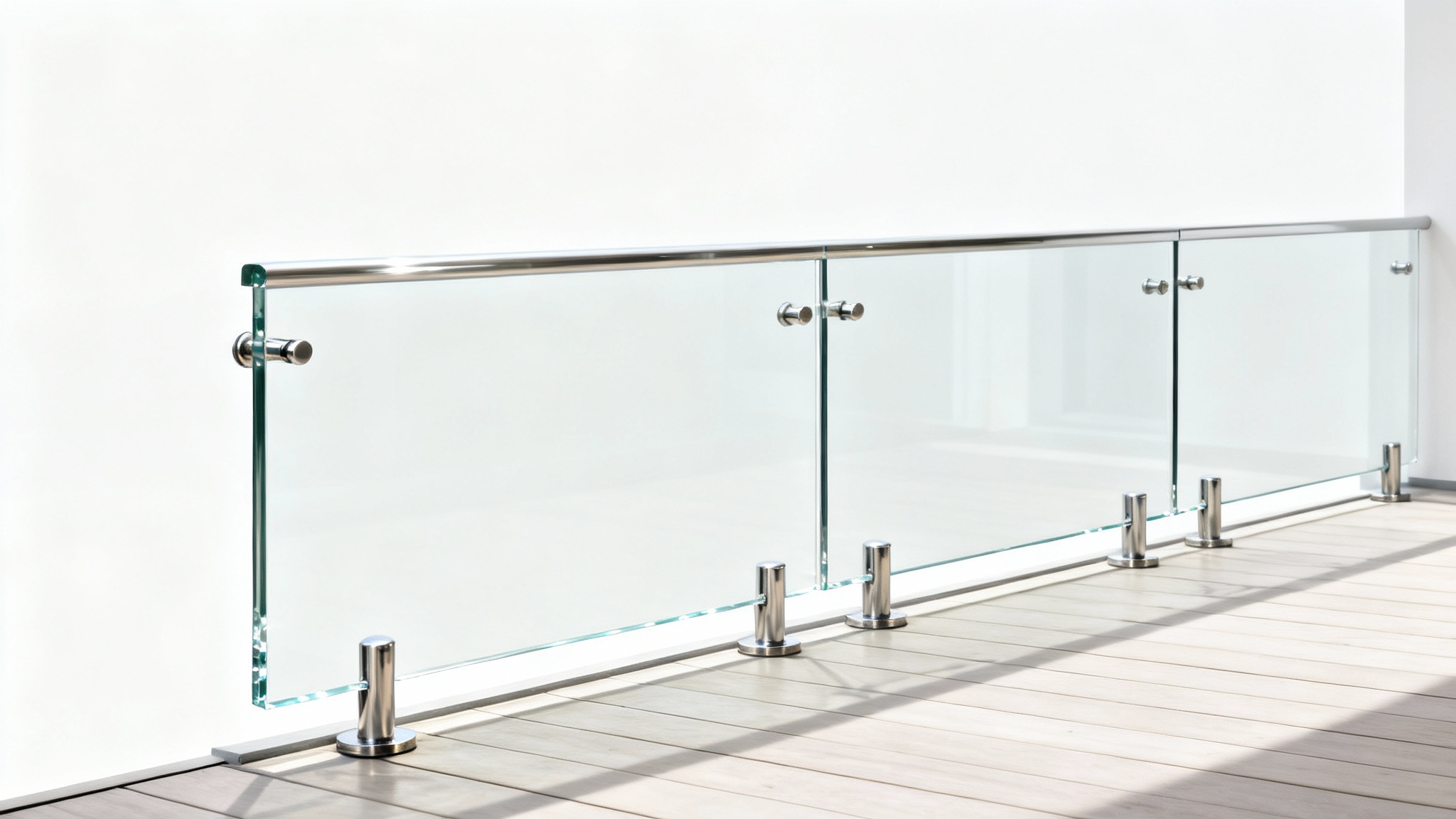 A minimalist product shot of a modern frameless glass balcony railing with stainless steel fixtures, isolated against a clean white background.