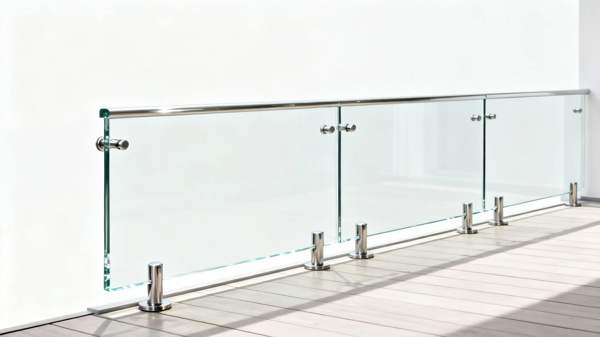 A minimalist product shot of a modern frameless glass balcony railing with stainless steel fixtures, isolated against a clean white background.