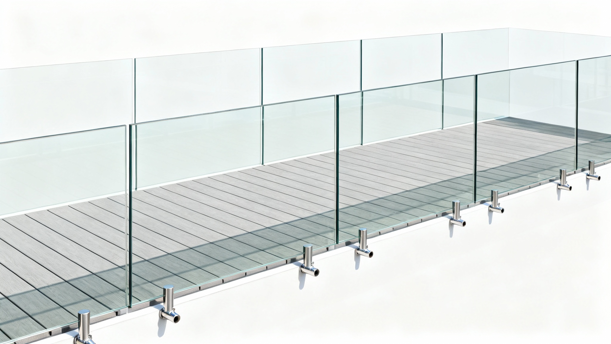 A modern balcony with a sleek, frameless glass railing and light grey decking, displayed as a product mockup against a clean white background.