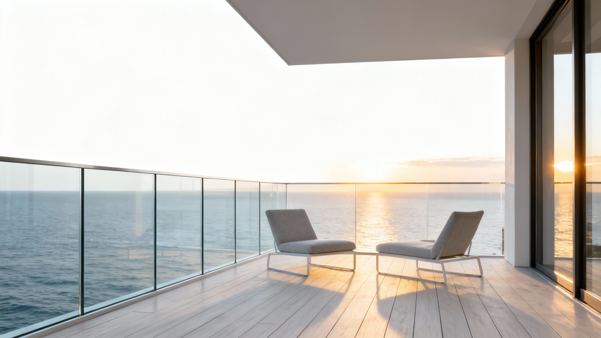 A modern balcony with a frameless, crystal-clear glass railing providing an unobstructed view of a beautiful ocean sunset.