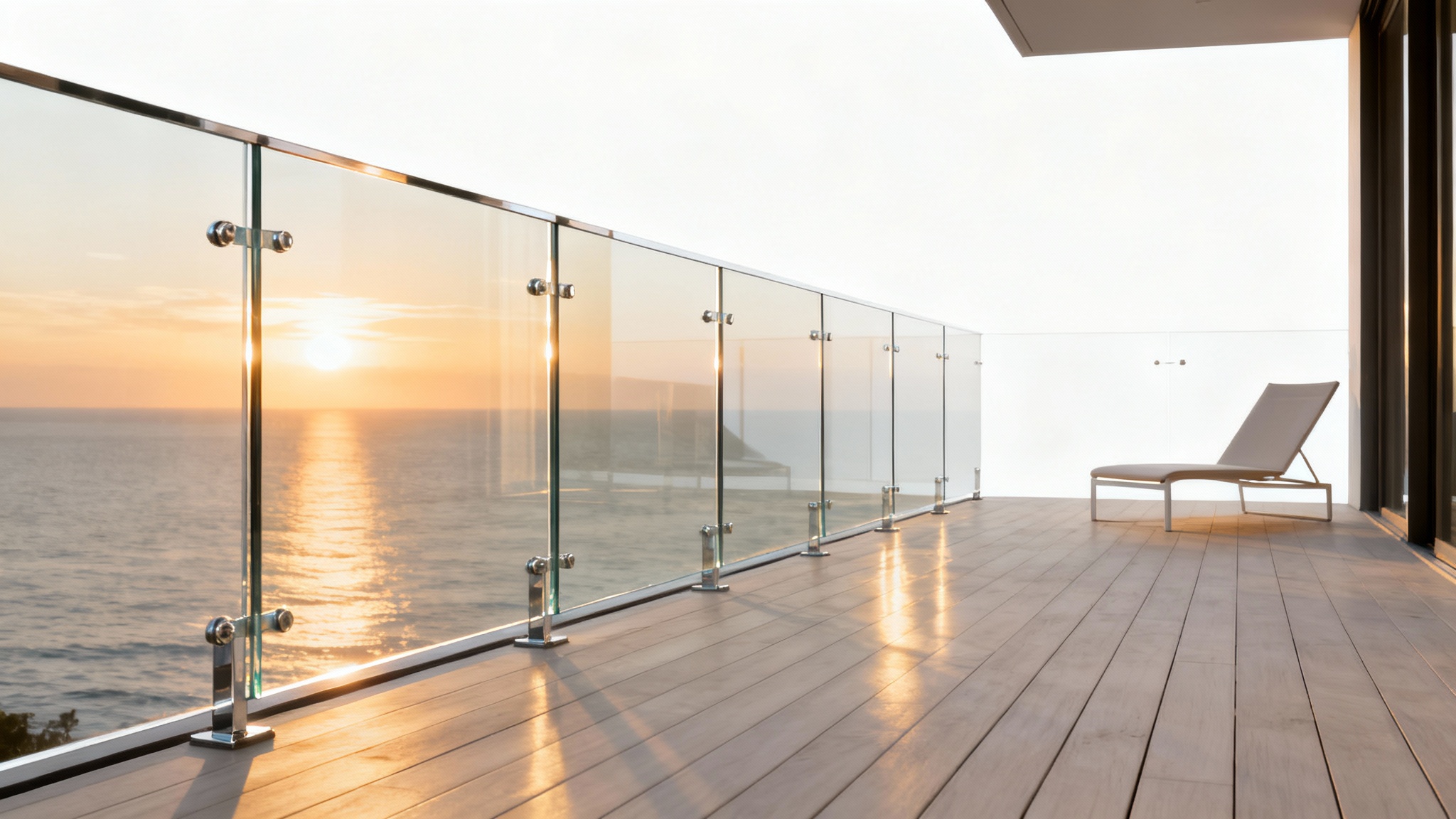A close-up of a modern balcony with a frameless glass railing, showcasing its sleek design and transparency against a beautiful ocean view at sunset.