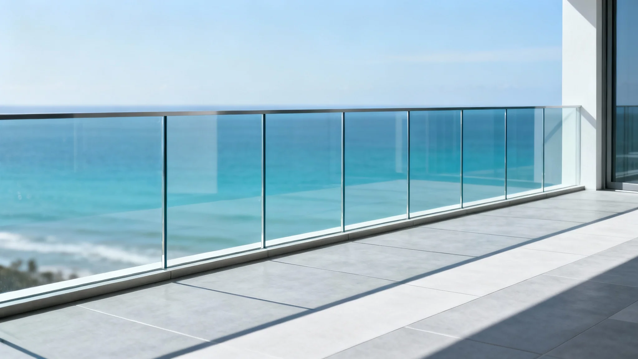 A modern balcony with a clear, frameless glass railing overlooking a beautiful, calm ocean, demonstrating an unobstructed view.