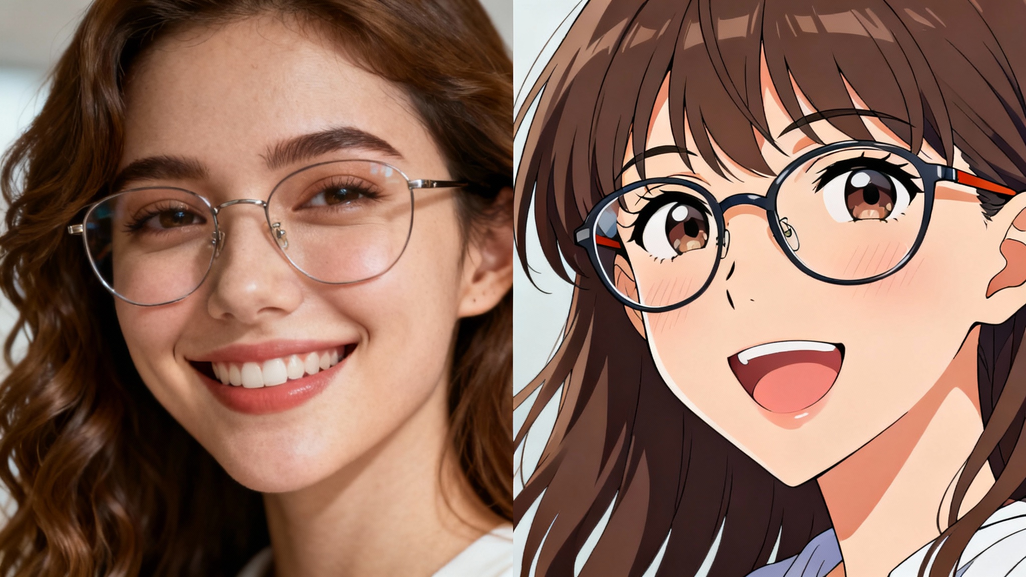 A split-screen image showcasing an anime transformation tool. The left side shows a realistic photo of a young woman with brown hair and glasses, and the right side shows her transformed into a high-quality, modern anime character, mirroring her features and smile.